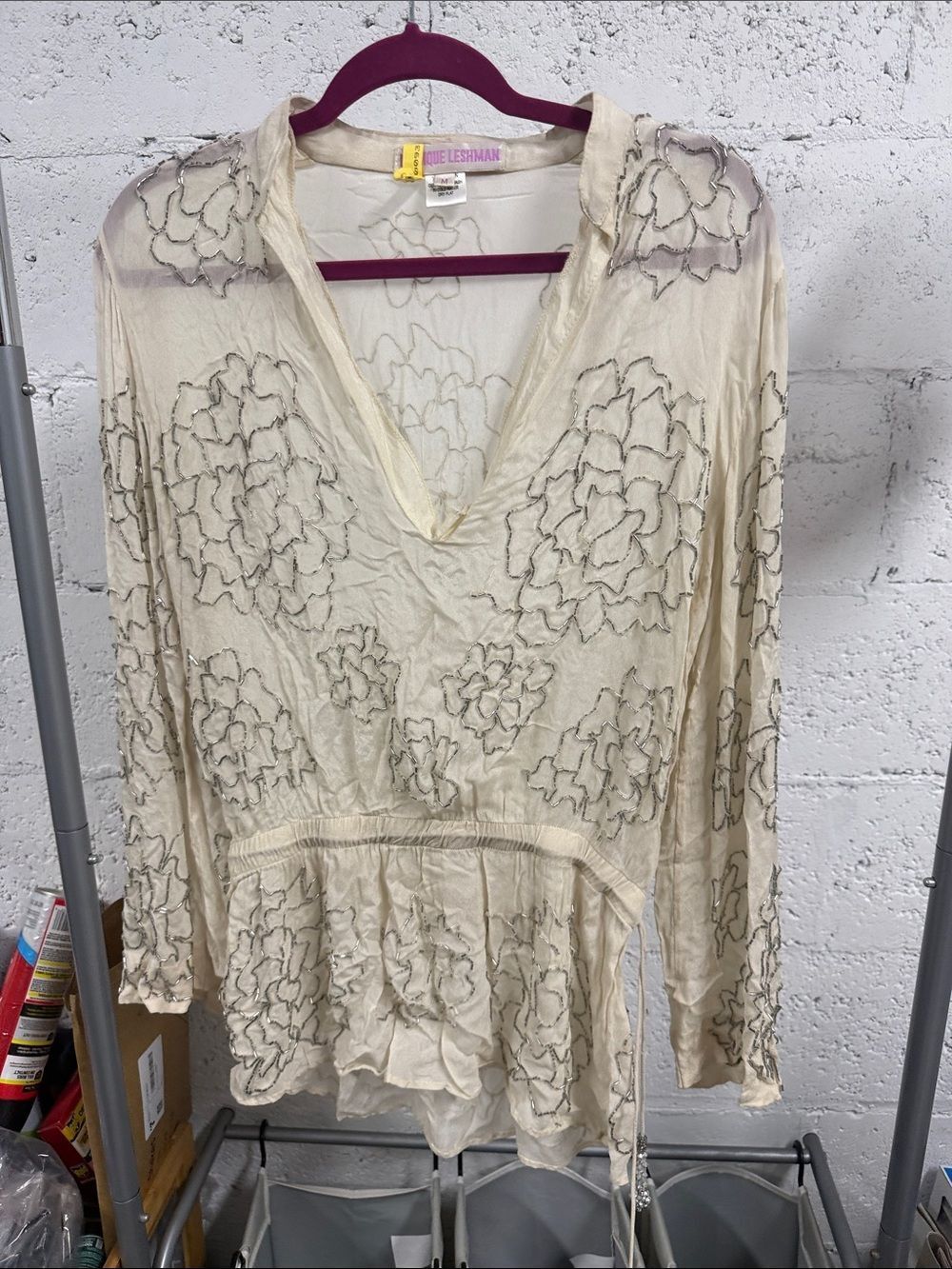 MONIQUE LESHMAN  Ivory Sheer Floral Embroidered Dress Size Medium